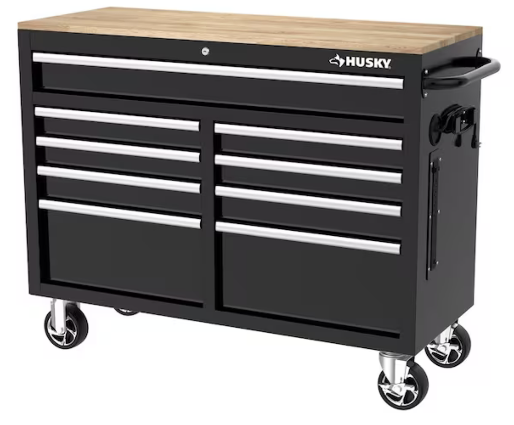 Tool Storage 46 in. W x 18 in. D 9-Drawer Mobile Workbench Cabinet in Gloss Black