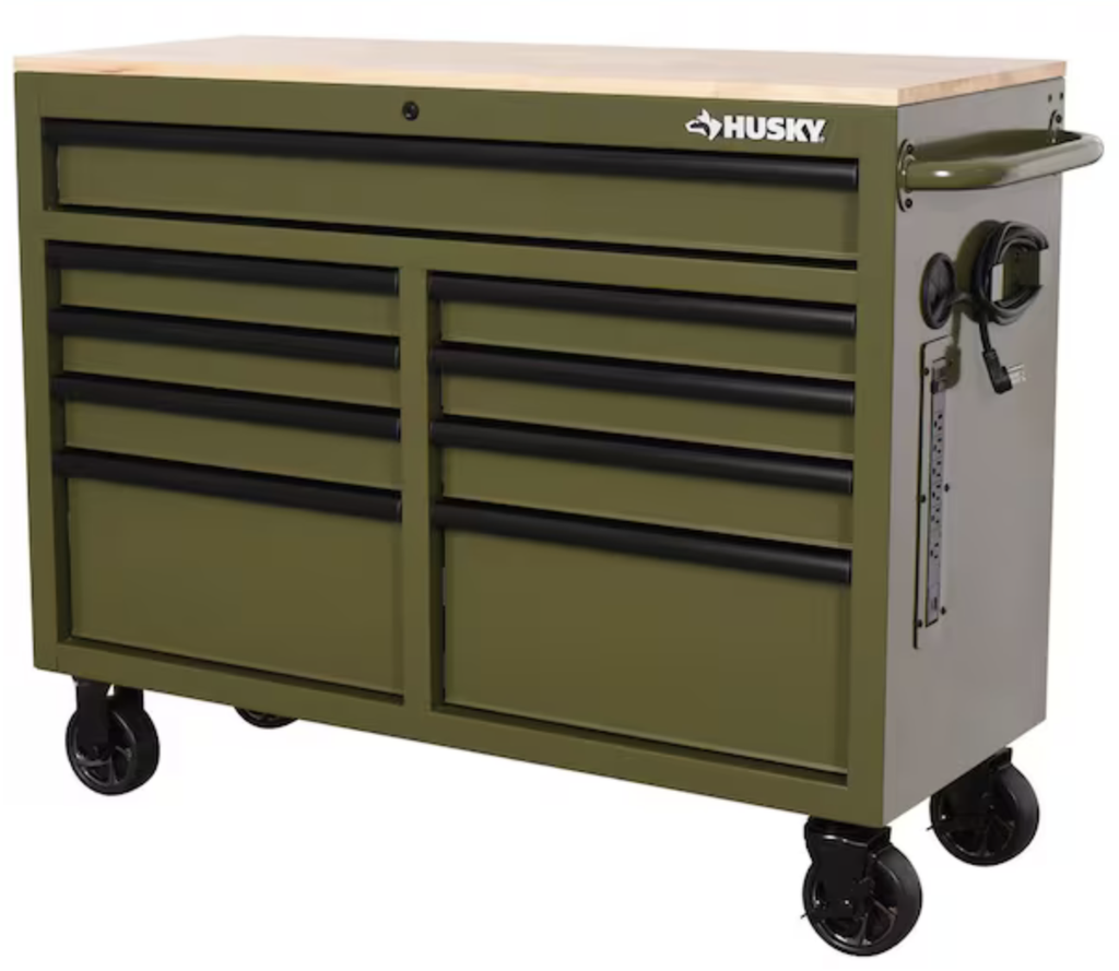 Tool Storage 46 in. W x 18 in. D 9-Drawer Mobile Workbench Cabinet in Army Green