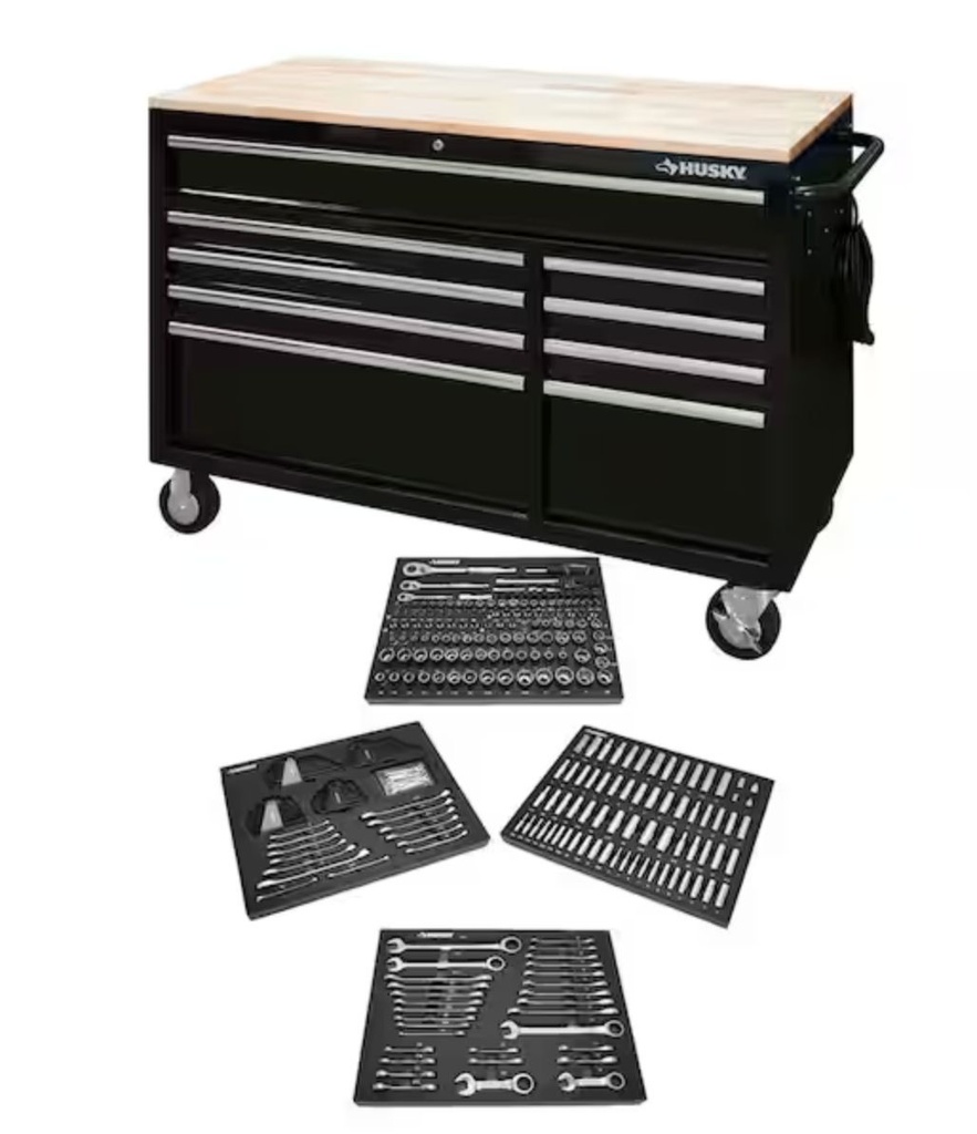 Tool Storage 46 in. W x 18 in. D 9-Drawer Mobile Workbench Cabinet in Gloss Black with TOOL BOX 280-Pieces