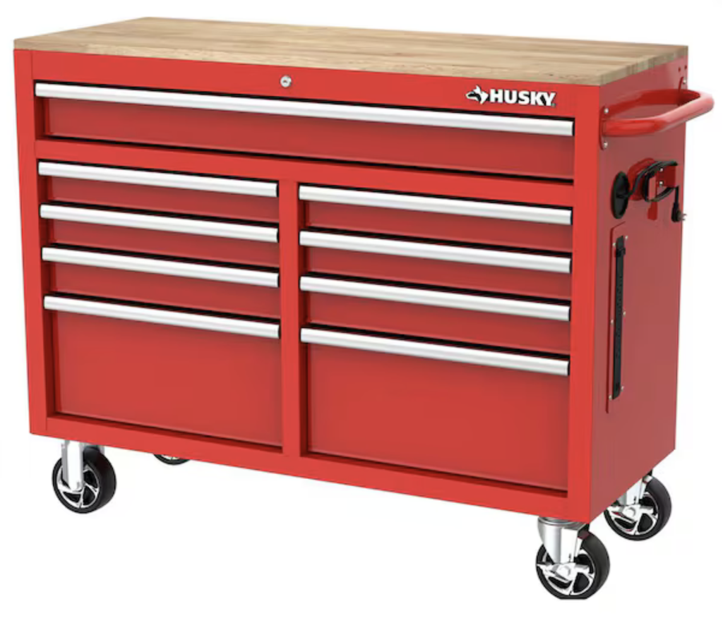 Tool Storage 46 in. W x 18 in. D 9-Drawer Mobile Workbench Cabinet in RED
