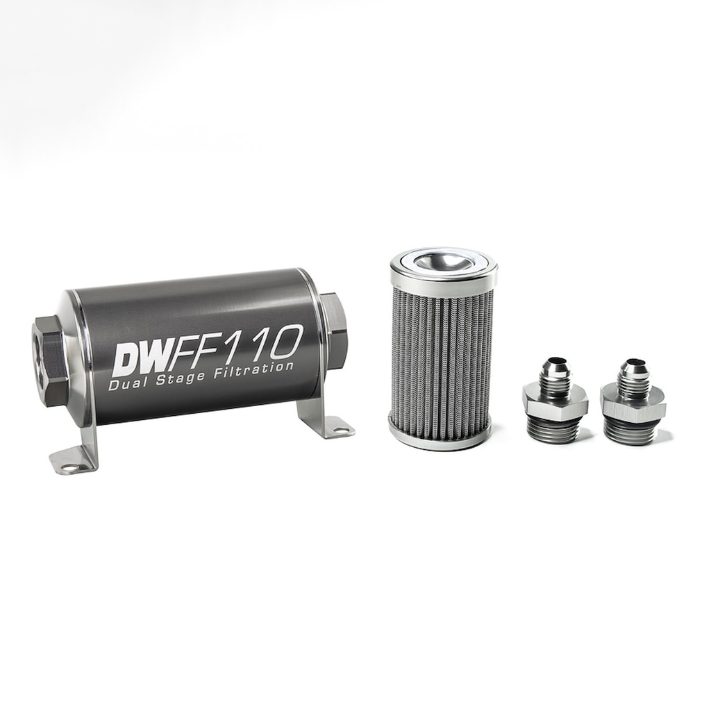 DeatschWerks 803110100K6: 803110100K6 In-line fuel filter element and housing kit stainless steel 100 micron -6AN 110mm. Universal