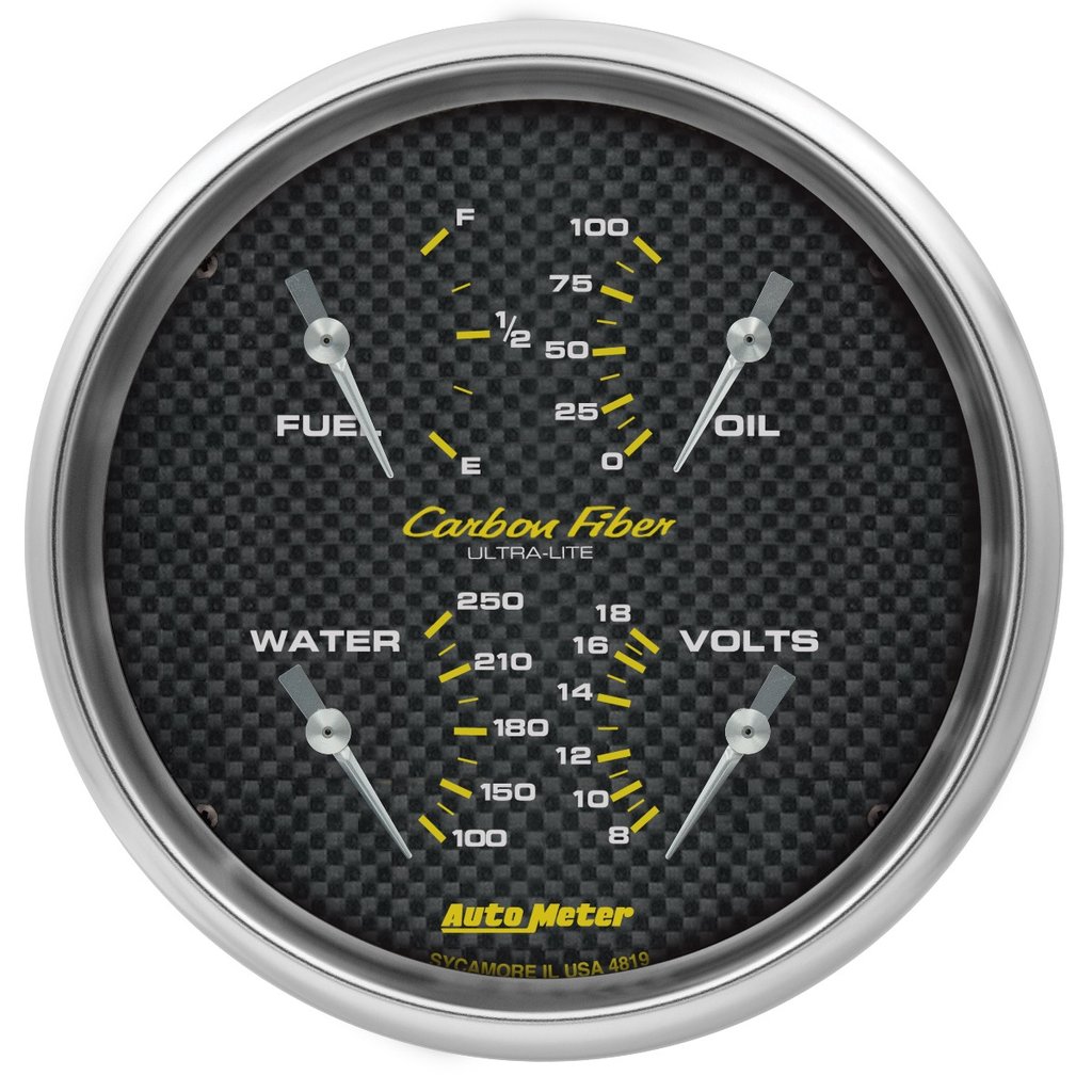 AutoMeter 5" QUAD GAUGE, 100 PSI/100-250 °F/8-18V/0-90 Ω, CARBON FIBER