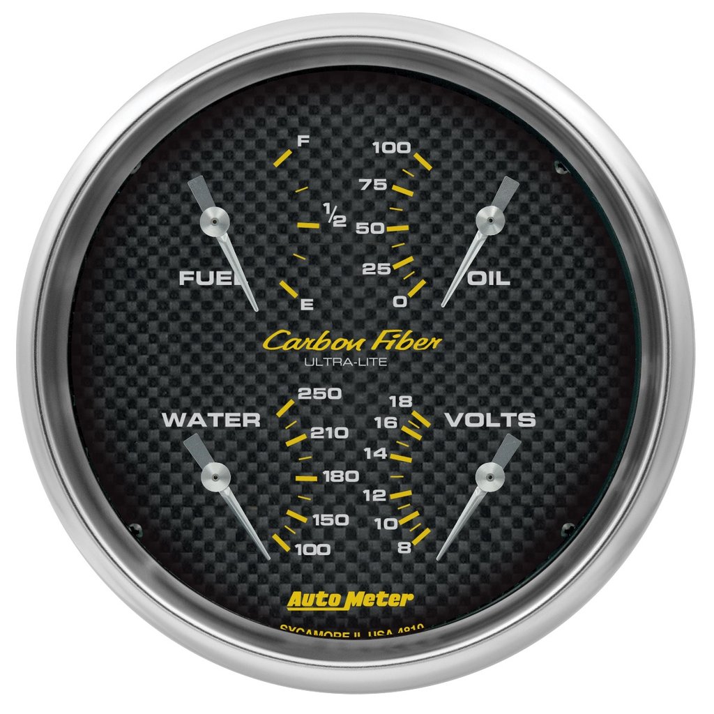 AutoMeter 5" QUAD GAUGE, 100 PSI/100-250 °F/8-18V/240-33 Ω, CARBON FIBER