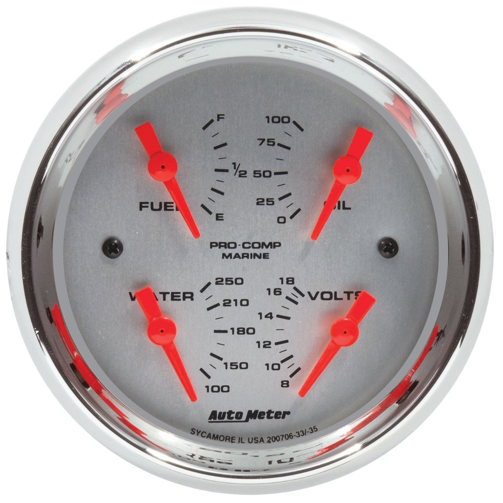 AutoMeter 3-3/8" QUAD GAUGE, 100 PSI/100-250 °F/8-18V/240-33 Ω, MARINE CHROME