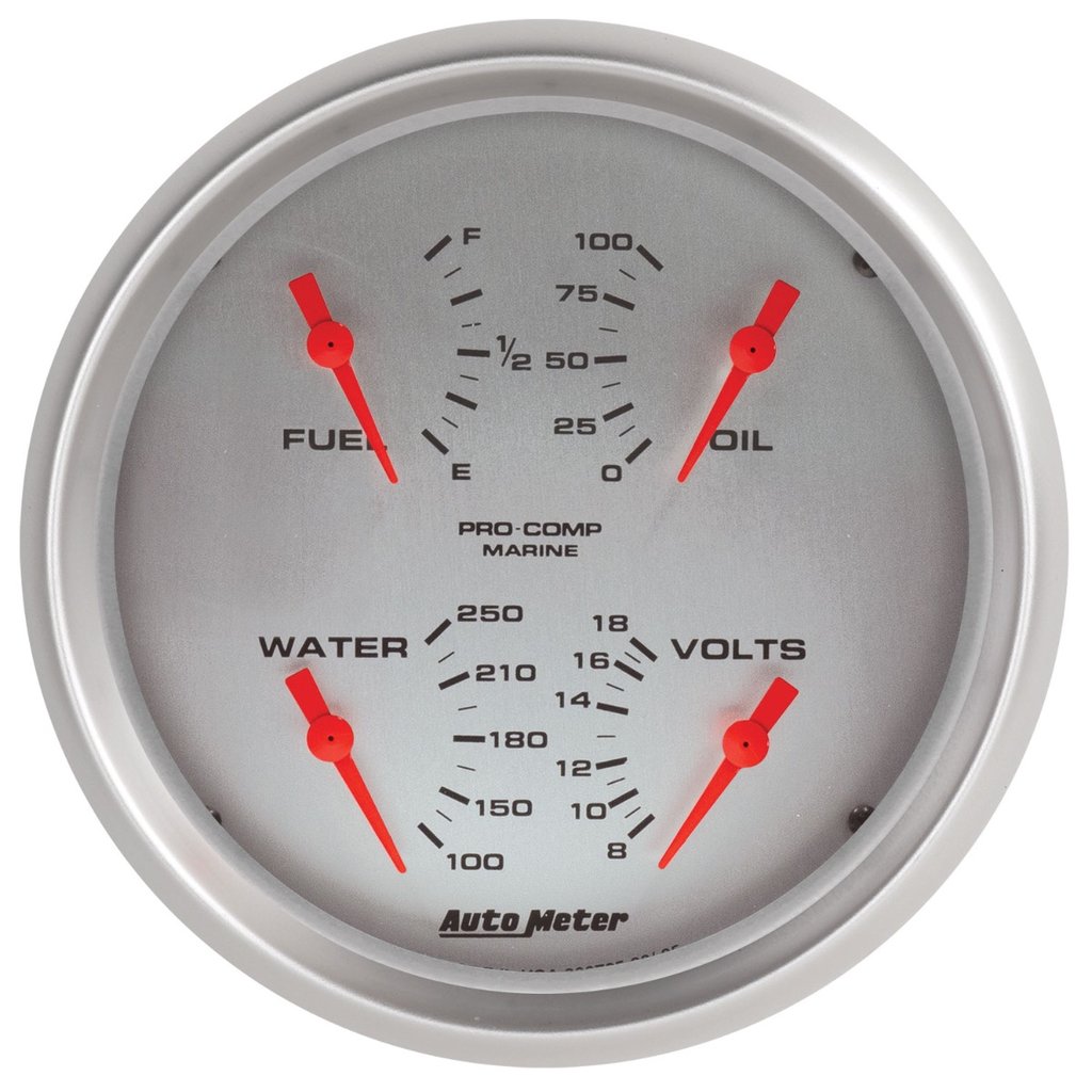 AutoMeter 5" QUAD GAUGE, 100 PSI/100-250 °F/8-18V/240-33 Ω, MARINE SILVER