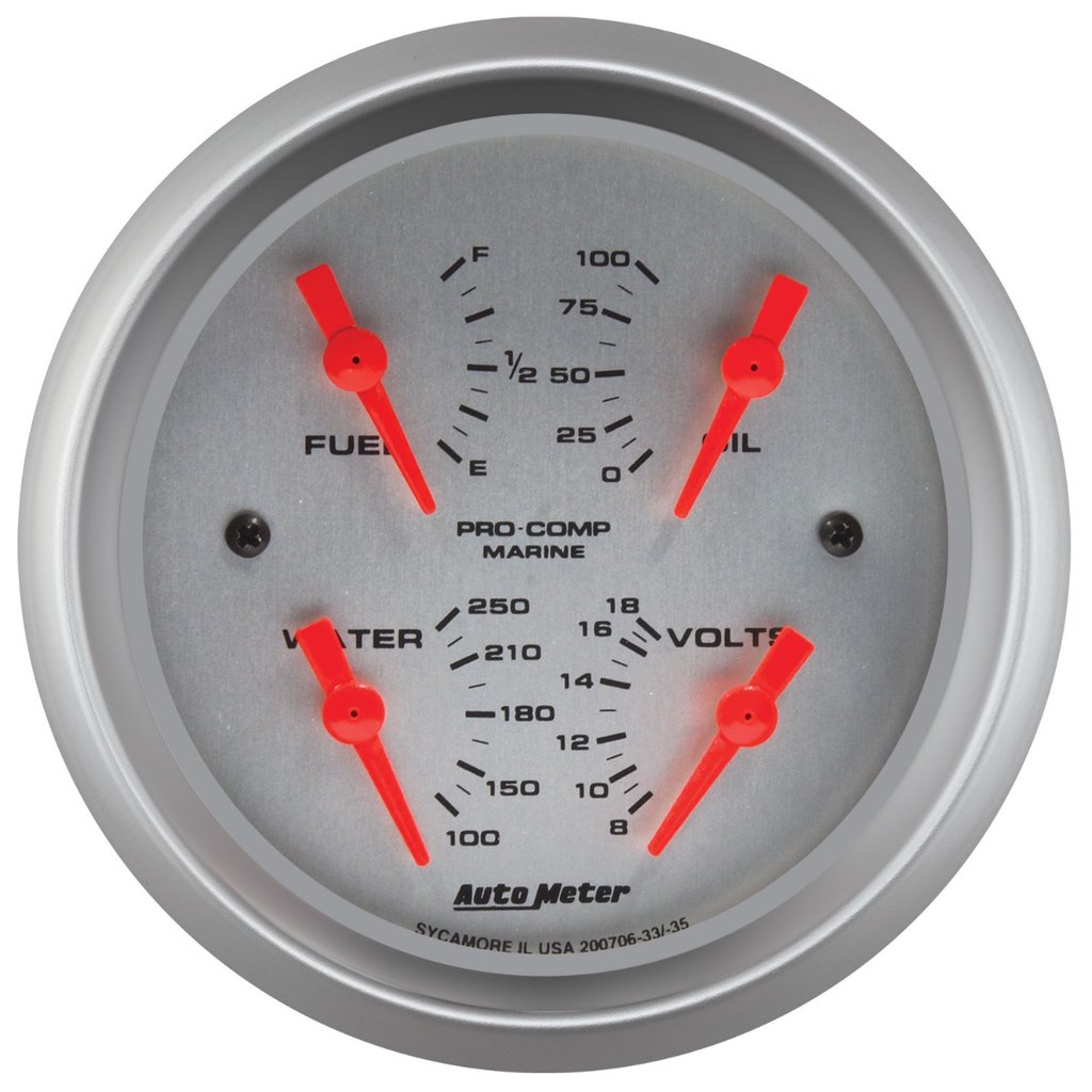 AutoMeter 3-3/8" QUAD GAUGE, 100 PSI/100-250 °F/8-18V/240-33 Ω, MARINE SILVER