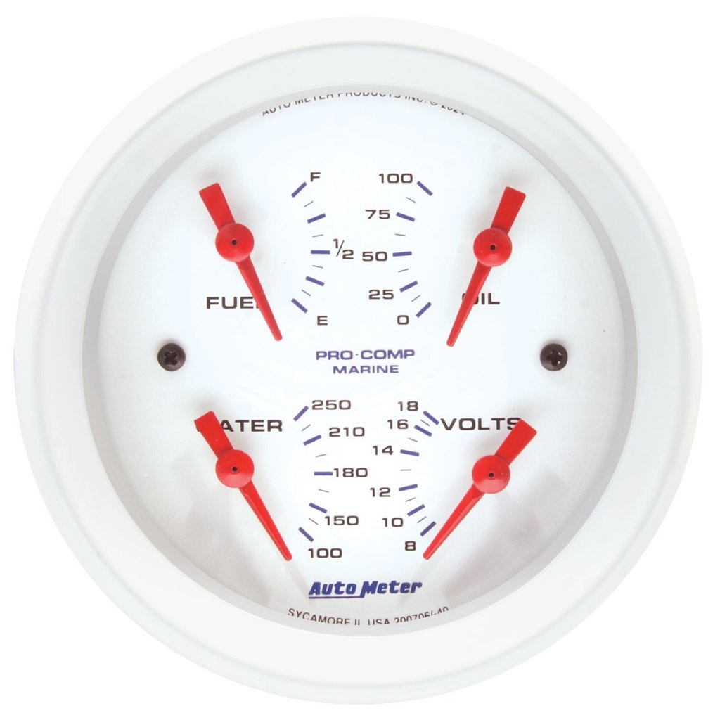 AutoMeter 3-3/8" QUAD GAUGE, 100 PSI/100-250 °F/8-18V/240-33 Ω, MARINE WHITE