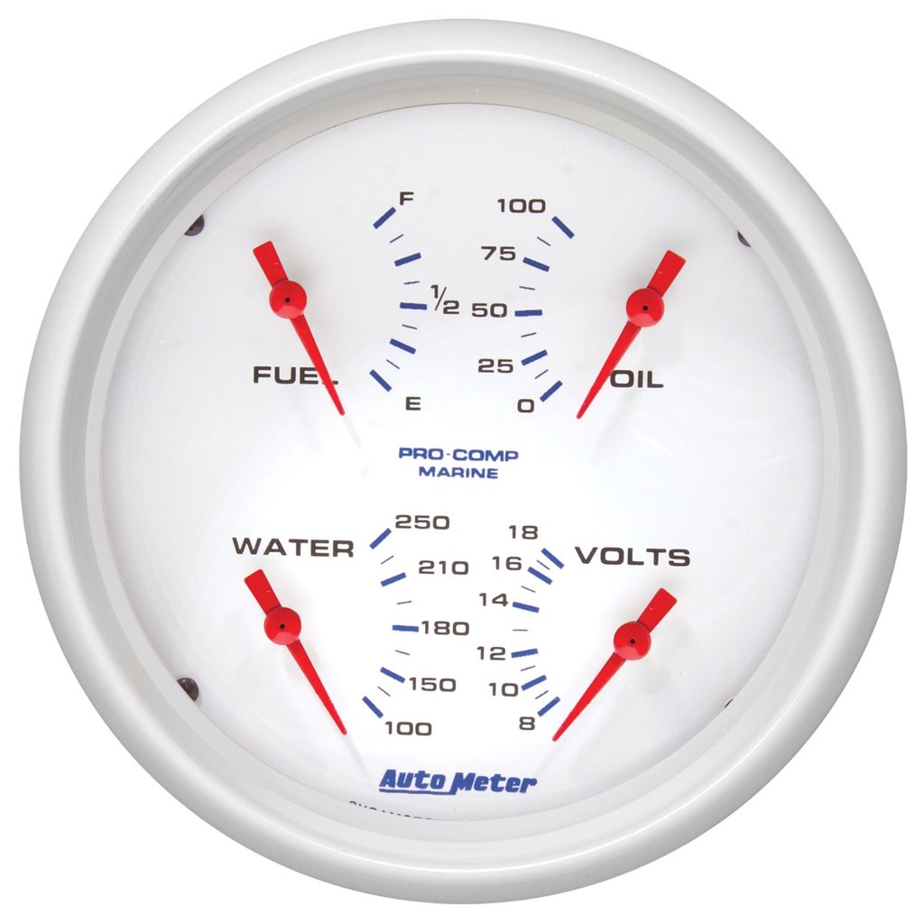 AutoMeter 5" QUAD GAUGE, 100 PSI/100-250 °F/8-18V/240-33 Ω, MARINE WHITE