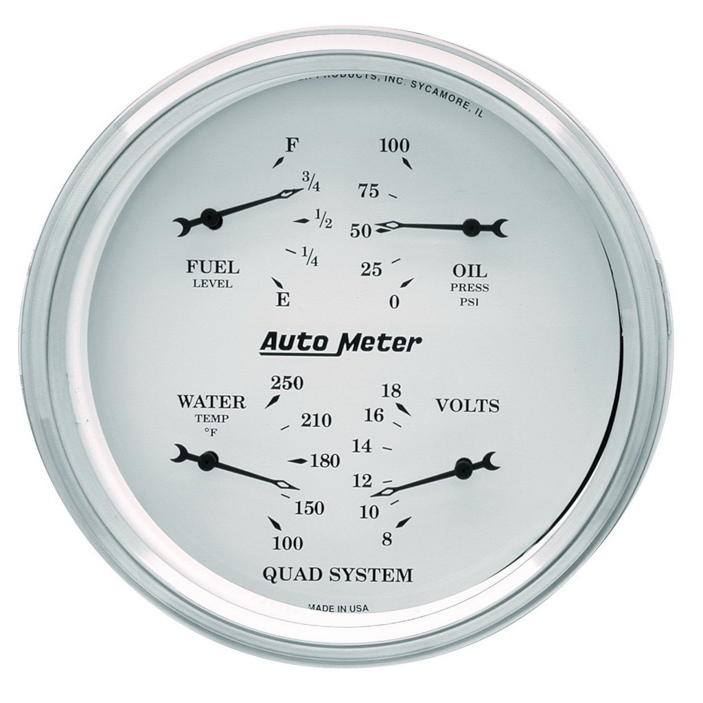AutoMeter 5" QUAD GAUGE, 100 PSI/100-250 °F/8-18V/0-90 Ω, OLD-TYME WHITE