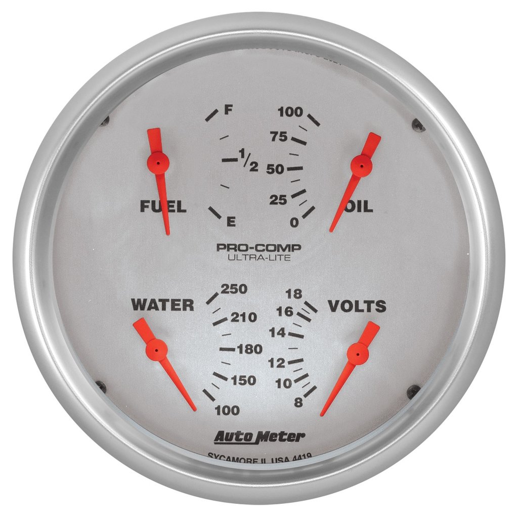 AutoMeter 5" QUAD GAUGE, 100 PSI/100-250 °F/8-18V/0-90 Ω, ULTRA-LITE