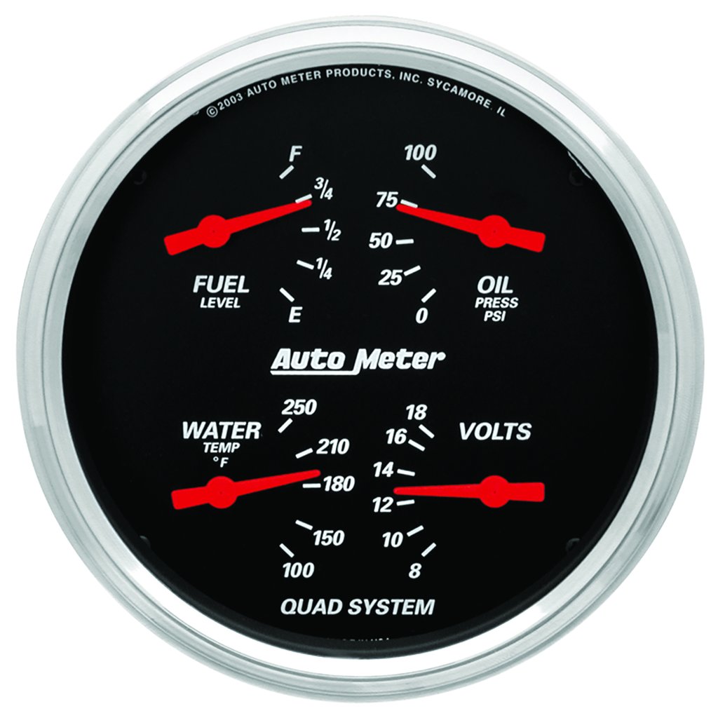AutoMeter 5" QUAD GAUGE, 100 PSI/100-250 °F/8-18V/0-90 Ω, DESIGNER BLACK