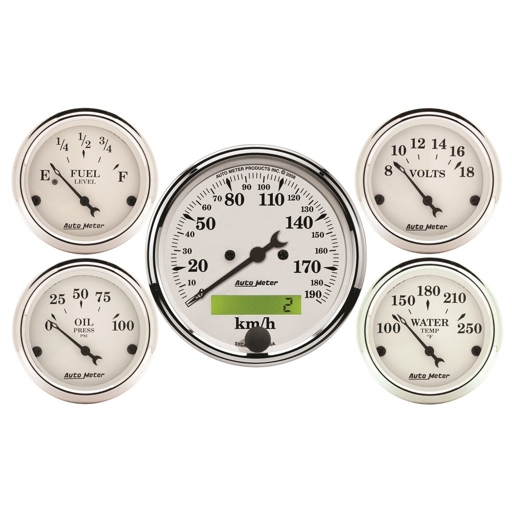 AutoMeter 5 PC. GAUGE KIT, 3-1/8" & 2-1/16", ELECTRIC SPEEDOMETER, KM/H, OLD TYME WHITE