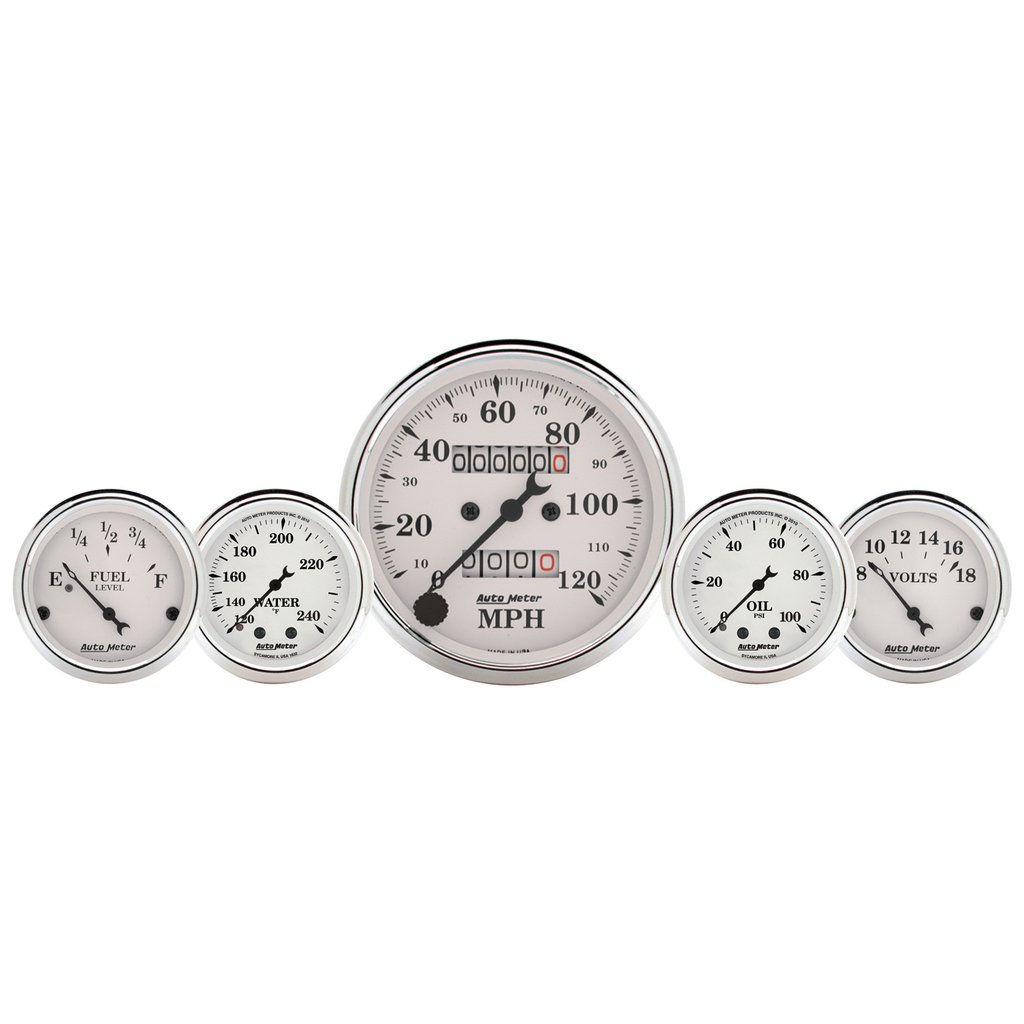 AutoMeter 5 PC. GAUGE KIT, 3-1/8" & 2-1/16", MECHANICAL SPEEDOMETER, WTMP & OILP, OLD TYME WHT