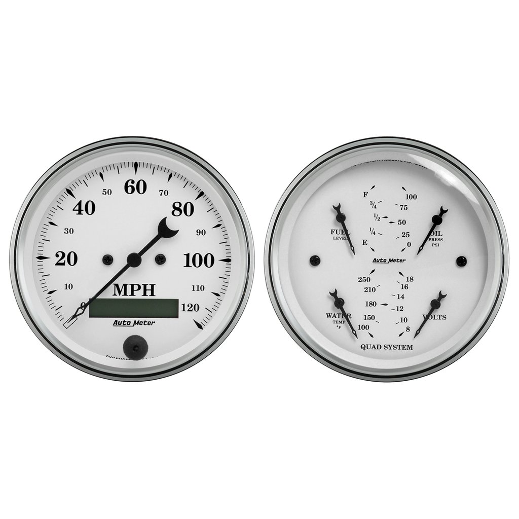 AutoMeter 2 PC. GAUGE KIT, 3-3/8" QUAD & SPEEDO, ELECTRIC, 240-33 Ω, OLD TYME WHITE