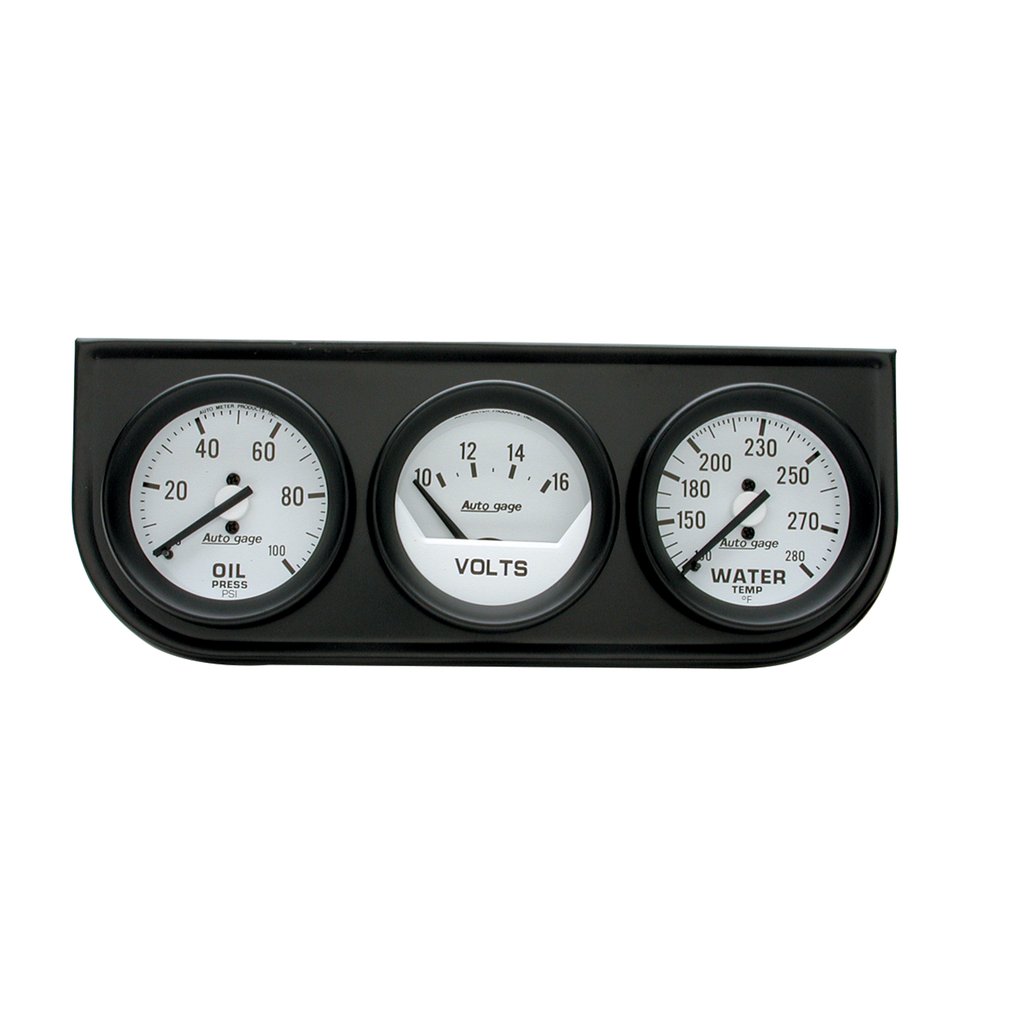 AutoMeter GAUGE CONSOLE, OILP/WTMP/VOLT, 2-1/16", 100 PSI/280 °F/16V, WHT DIAL, BLK BZL, AG