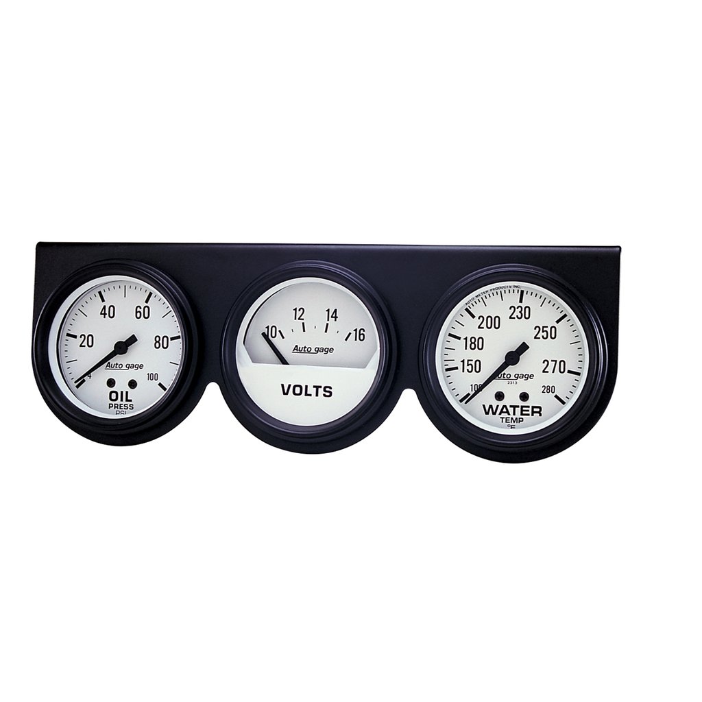 AutoMeter GAUGE CONSOLE, OILP/WTMP/VOLT, 2-5/8", 100 PSI/280 °F/16V, WHT DIAL, BLK BZL, AG