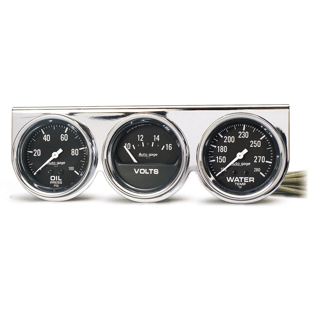 AutoMeter GAUGE CONSOLE, OILP/WTMP/VOLT, 2-5/8", 100 PSI/280 °F/16V, BLK DIAL, CHROME BZL, AG