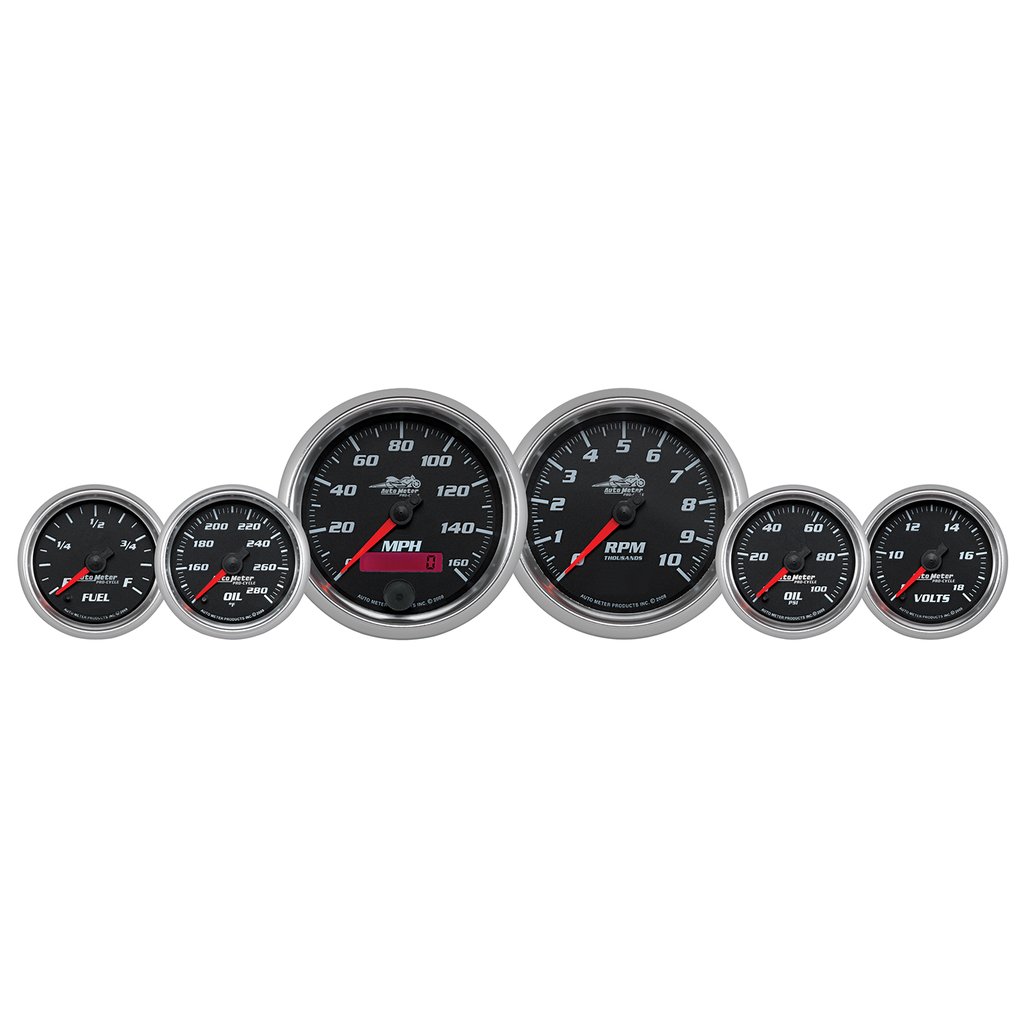 AutoMeter 6 PIECE BAGGER KIT, 160 MPH/0-10,000 RPM/100 PSI/140-280 °F/8-18V/280ΩE-0ΩF, BLACK/BRIGHT ANODIZED, PRO-CYCLE