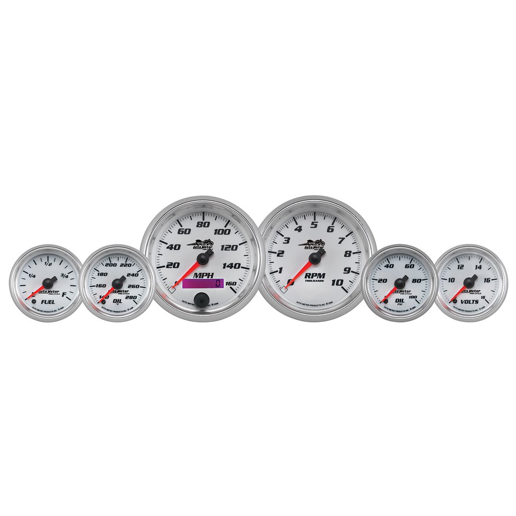 AutoMeter 6 PIECE BAGGER KIT, 160 MPH/0-10,000 RPM/100 PSI/140-280 °F/8-18V/280ΩE-0ΩF, WHITE/BRIGHT ANODIZED, PRO-CYCLE