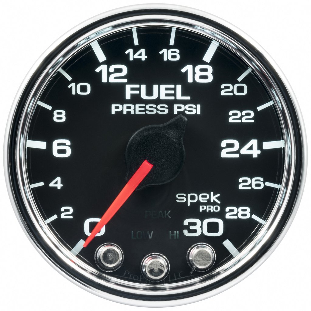 AutoMeter 2-1/16" FUEL PRESSURE, 0-30 PSI, STEPPER MOTOR, SPEK-PRO, BLACK DIAL, CHROME BEZEL, CLEAR LENS