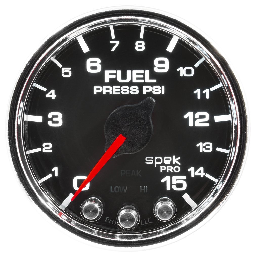 AutoMeter 2-1/16" FUEL PRESSURE, 0-15 PSI, STEPPER MOTOR, SPEK-PRO, BLACK DIAL, CHROME BEZEL, CLEAR LENS