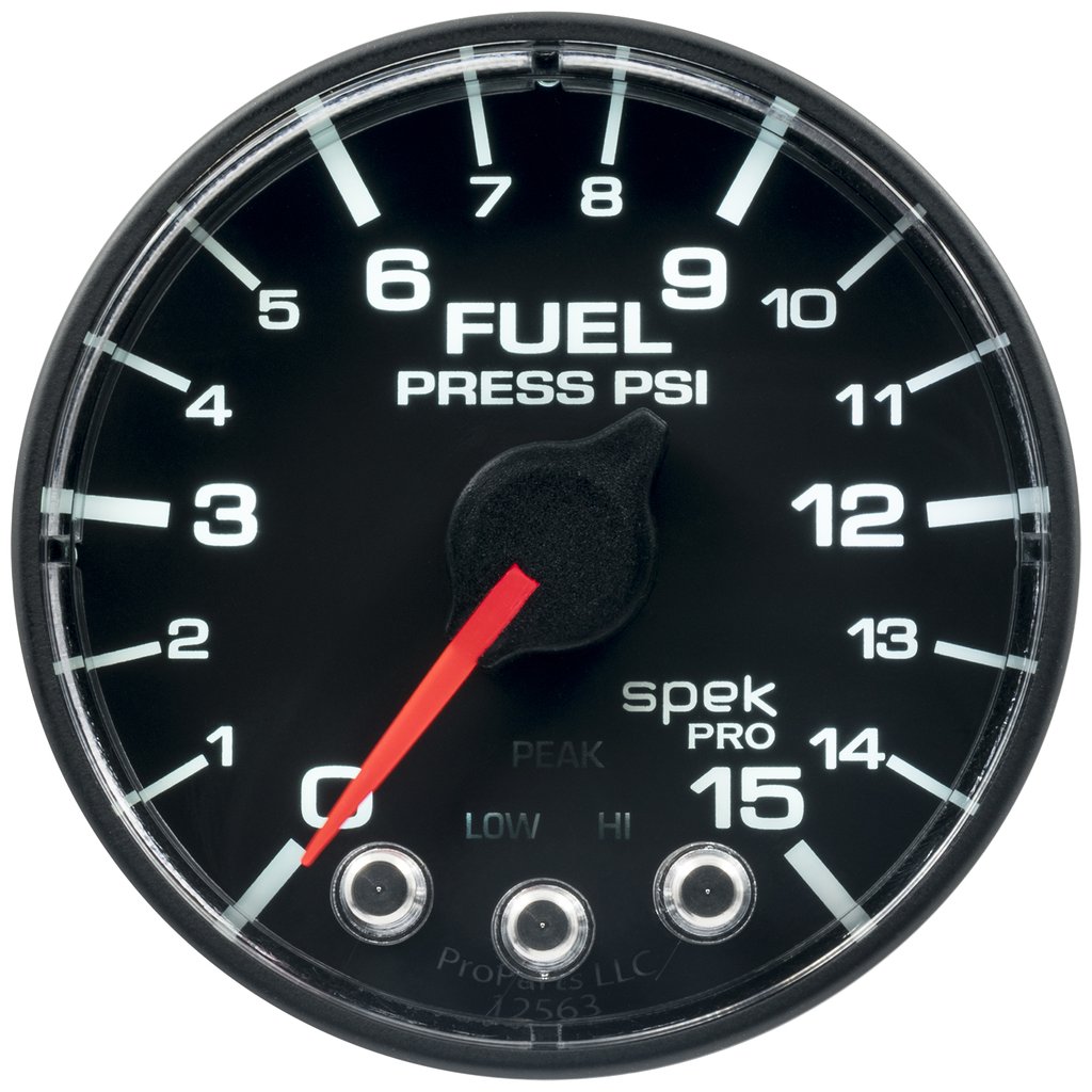 AutoMeter 2-1/16" FUEL PRESSURE, 0-15 PSI, STEPPER MOTOR, SPEK-PRO, NO O-RING, BLACK DIAL, BLACK BEZEL, CLEAR LENS