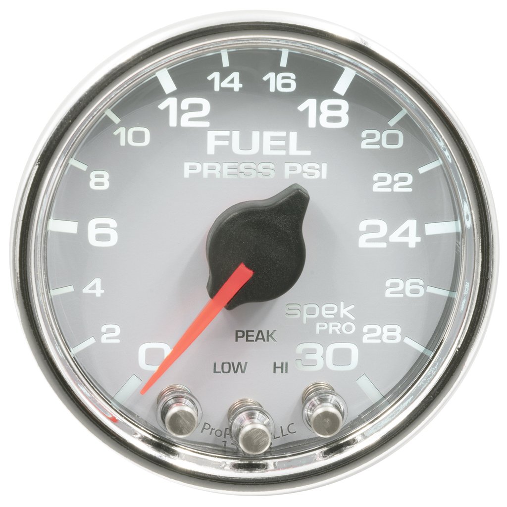 AutoMeter 2-1/16" FUEL PRESSURE, 0-30 PSI, STEPPER MOTOR, SPEK-PRO, WHITE DIAL, CHROME BEZEL, CLEAR LENS