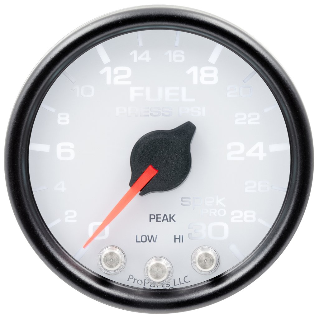 AutoMeter 2-1/16" FUEL PRESSURE, 0-30 PSI, STEPPER MOTOR, SPEK-PRO, WHITE DIAL, BLACK BEZEL, CLEAR LENS