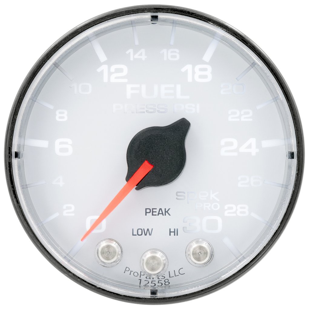 AutoMeter 2-1/16" FUEL PRESSURE, 0-30 PSI, STEPPER MOTOR, SPEK-PRO, WHITE DIAL, BLACK BEZEL, FLAT ANTIGLARE LENS