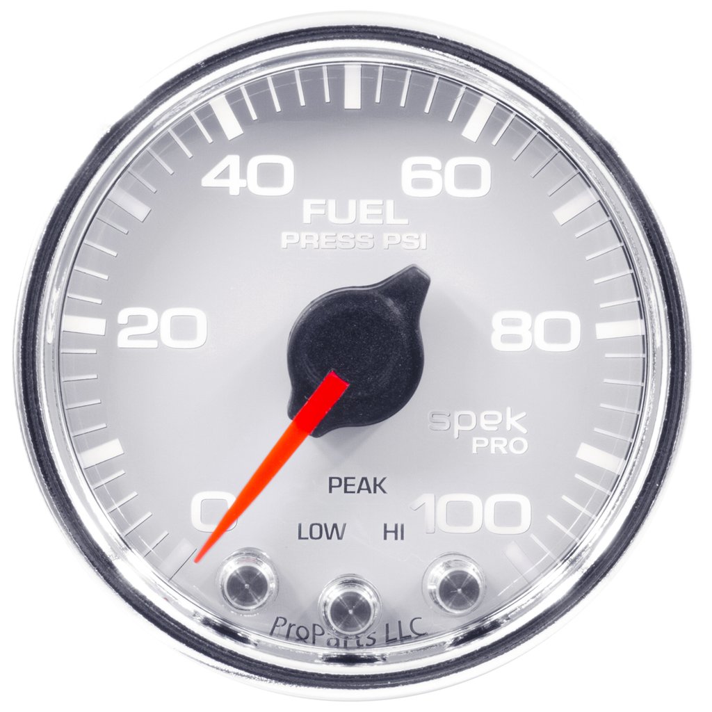 AutoMeter 2-1/16" FUEL PRESSURE, 0-100 PSI, STEPPER MOTOR, SPEK-PRO, WHITE DIAL, CHROME BEZEL, CLEAR LENS