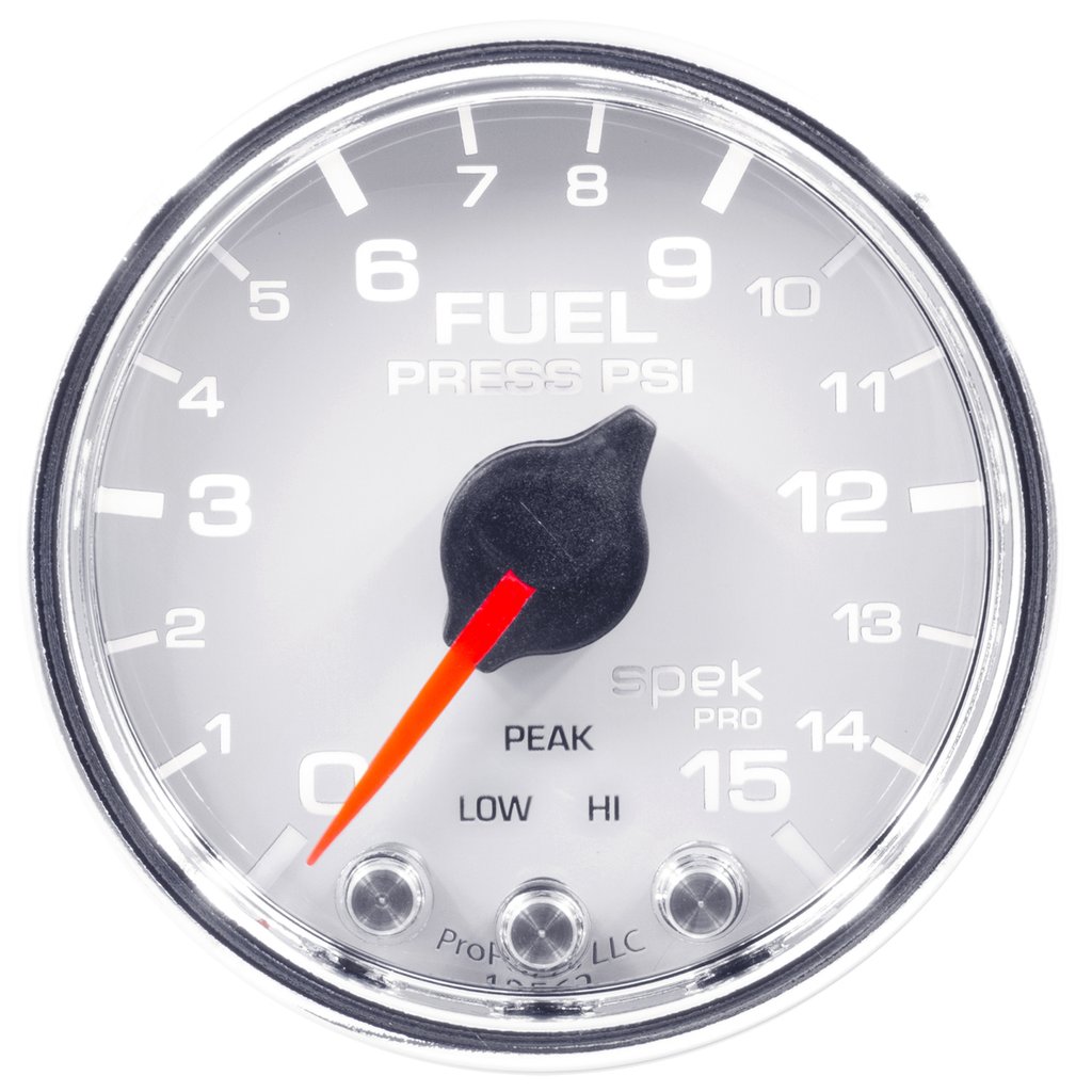 AutoMeter 2-1/16" FUEL PRESSURE, 0-15 PSI, STEPPER MOTOR, SPEK-PRO, WHITE DIAL, CHROME BEZEL, CLEAR LENS