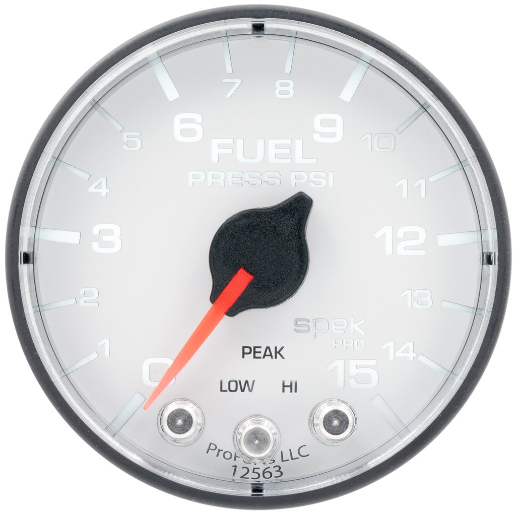 AutoMeter 2-1/16" FUEL PRESSURE, 0-15 PSI, STEPPER MOTOR, SPEK-PRO, WHITE DIAL, BLACK BEZEL, FLAT ANTIGLARE LENS