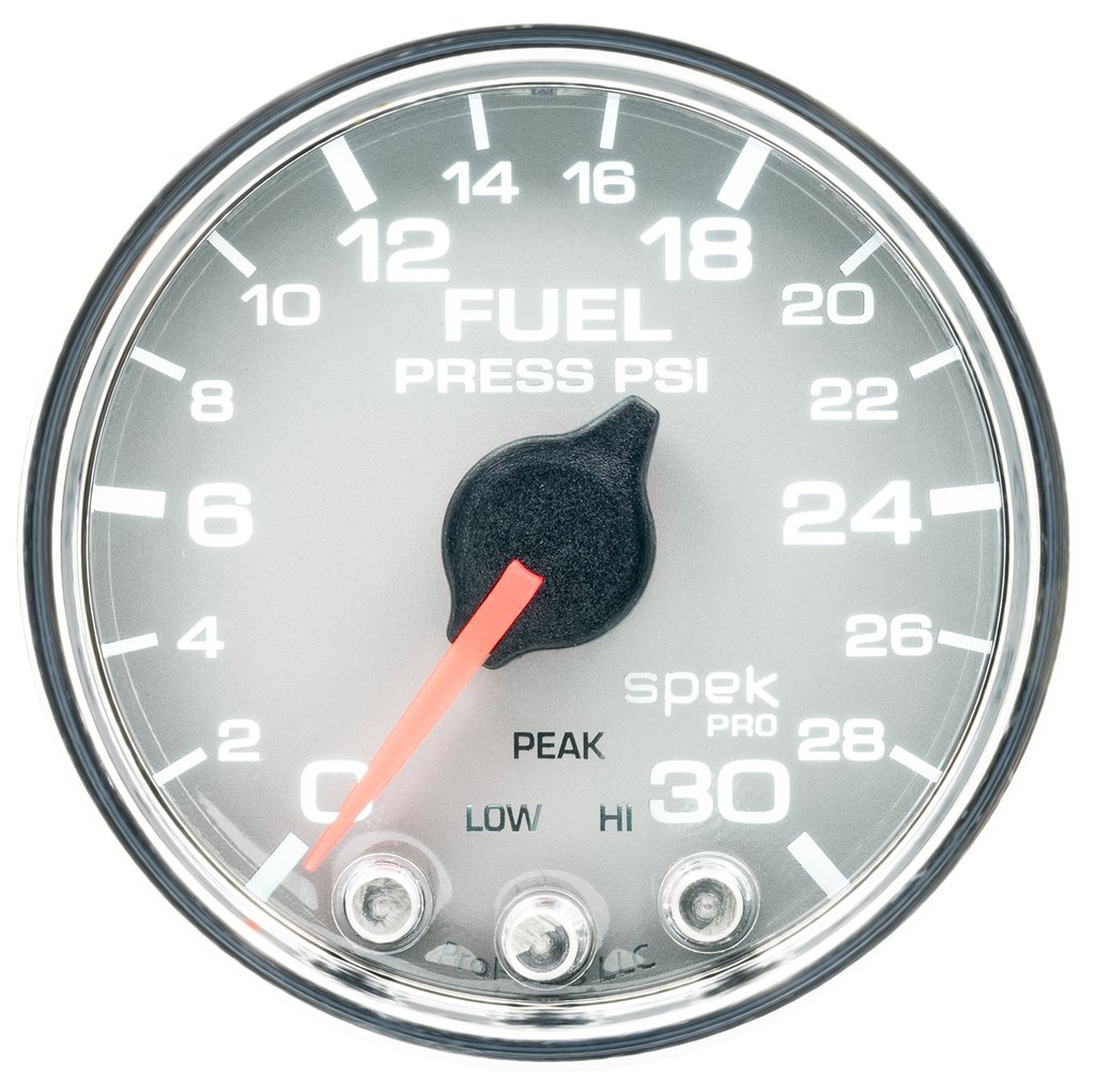 AutoMeter 2-1/16" FUEL PRESSURE, 0-30 PSI, STEPPER MOTOR, SPEK-PRO, SILVER DIAL, CHROME BEZEL, CLEAR LENS