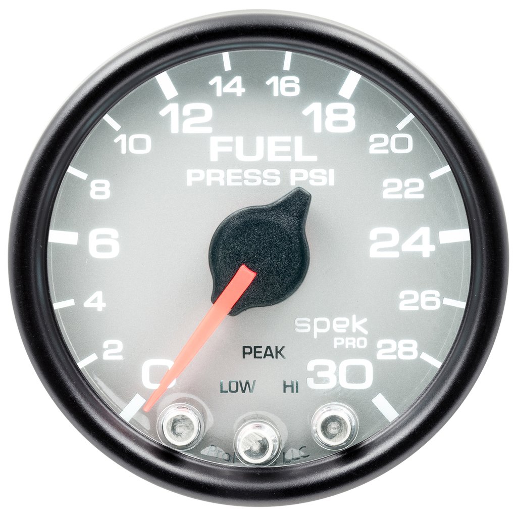 AutoMeter 2-1/16" FUEL PRESSURE, 0-30 PSI, STEPPER MOTOR, SPEK-PRO, SILVER DIAL, BLACK BEZEL, CLEAR LENS