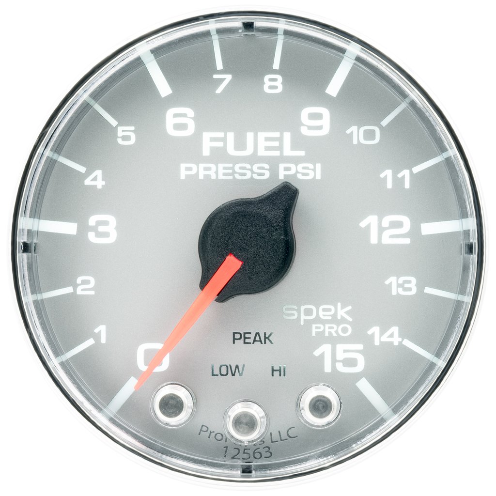 AutoMeter 2-1/16" FUEL PRESSURE, 0-15 PSI, STEPPER MOTOR, SPEK-PRO, SILVER DIAL, CHROME BEZEL, FLAT ANTIGLARE LENS