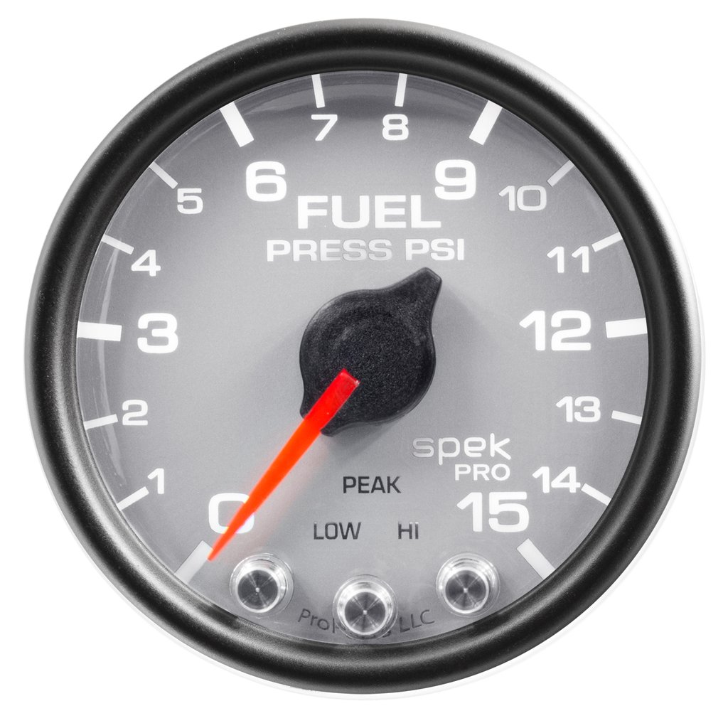 AutoMeter 2-1/16" FUEL PRESSURE, 0-15 PSI, STEPPER MOTOR, SPEK-PRO, SILVER DIAL, BLACK BEZEL, CLEAR LENS