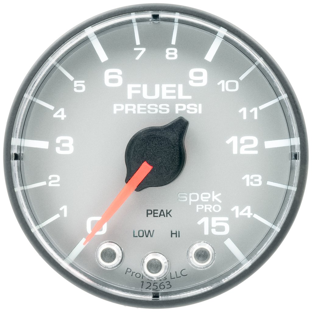 AutoMeter 2-1/16" FUEL PRESSURE, 0-15 PSI, STEPPER MOTOR, SPEK-PRO, SILVER DIAL, BLACK BEZEL, FLAT ANTIGLARE LENS