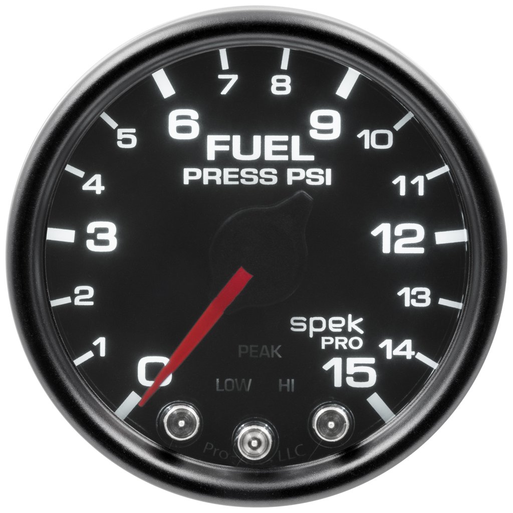 AutoMeter 2-1/16" FUEL PRESSURE, 0-15 PSI, STEPPER MOTOR, SPEK-PRO, BLACK DIAL, BLACK BEZEL, SMOKED LENS