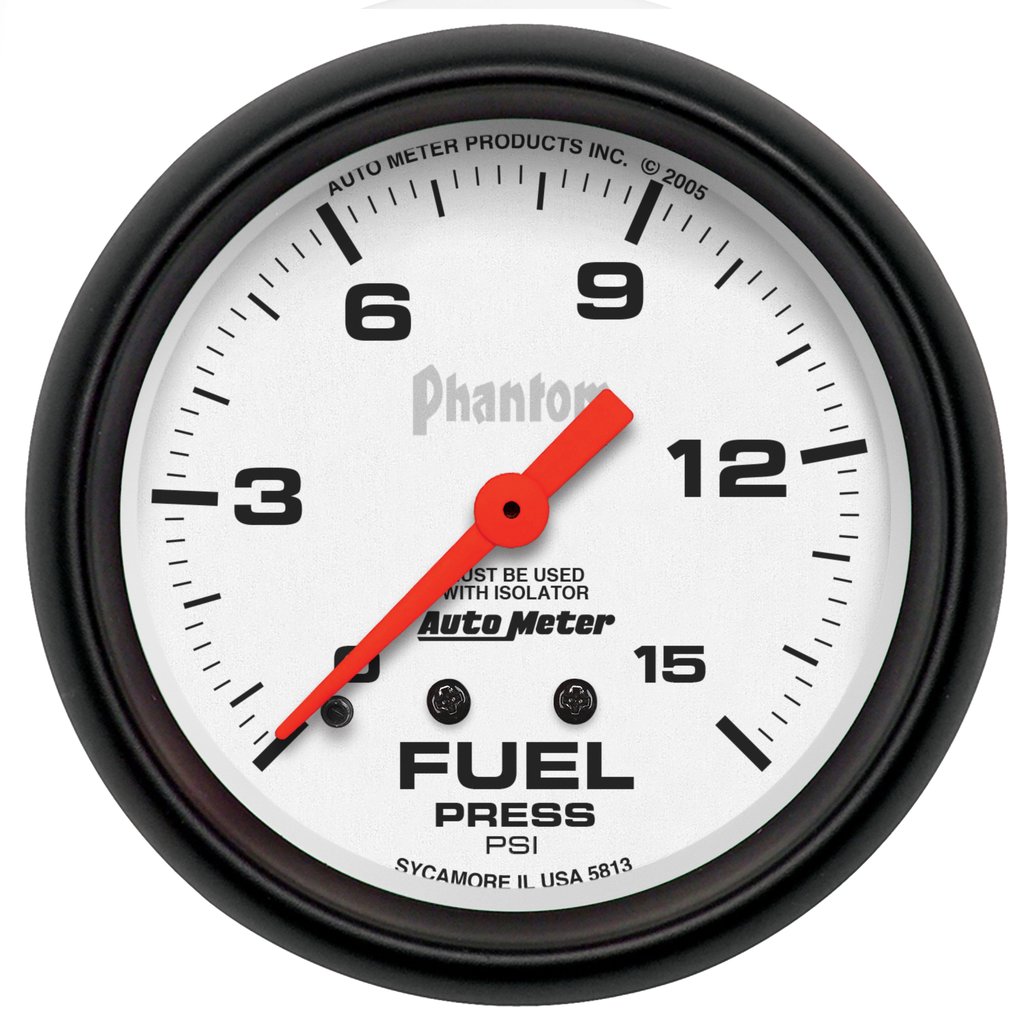 AutoMeter 2-5/8" FUEL PRESSURE W/ ISOLATOR, 0-15 PSI, MECHANICAL, PHANTOM