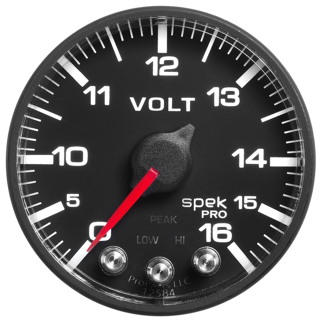 AutoMeter 2-1/16" VOLTMETER, 0-16V, DIGITAL STEPPER MOTOR, SPEK-PRO, BLACK DIAL, BLACK BEZEL, FLAT ANTIGLARE LENS
