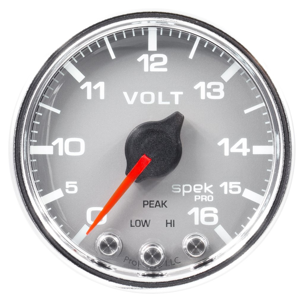 AutoMeter 2-1/16" VOLTMETER, 0-16V, DIGITAL STEPPER MOTOR, SPEK-PRO, SILVER DIAL, CHROME BEZEL, CLEAR LENS