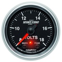 AutoMeter 2-1/16" VOLTMETER, W/ PEAK & WARN, 8-18V, DIGITAL STEPPER MOTOR, SPORT-COMP II