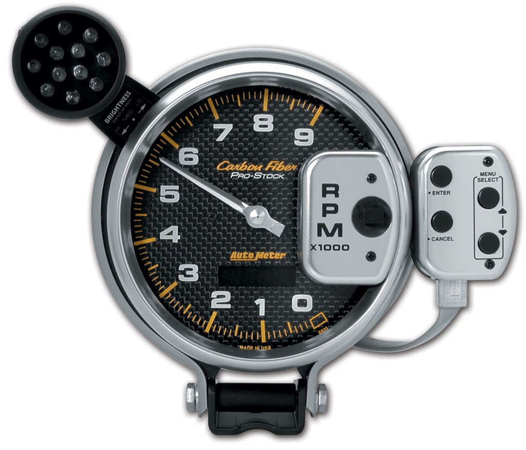 AutoMeter 5" tachometer, 0-9000 RPM, PRO-STOCK PEDESTAL W/ SUPER LITE & PEAK MEM, CARBON FIBER