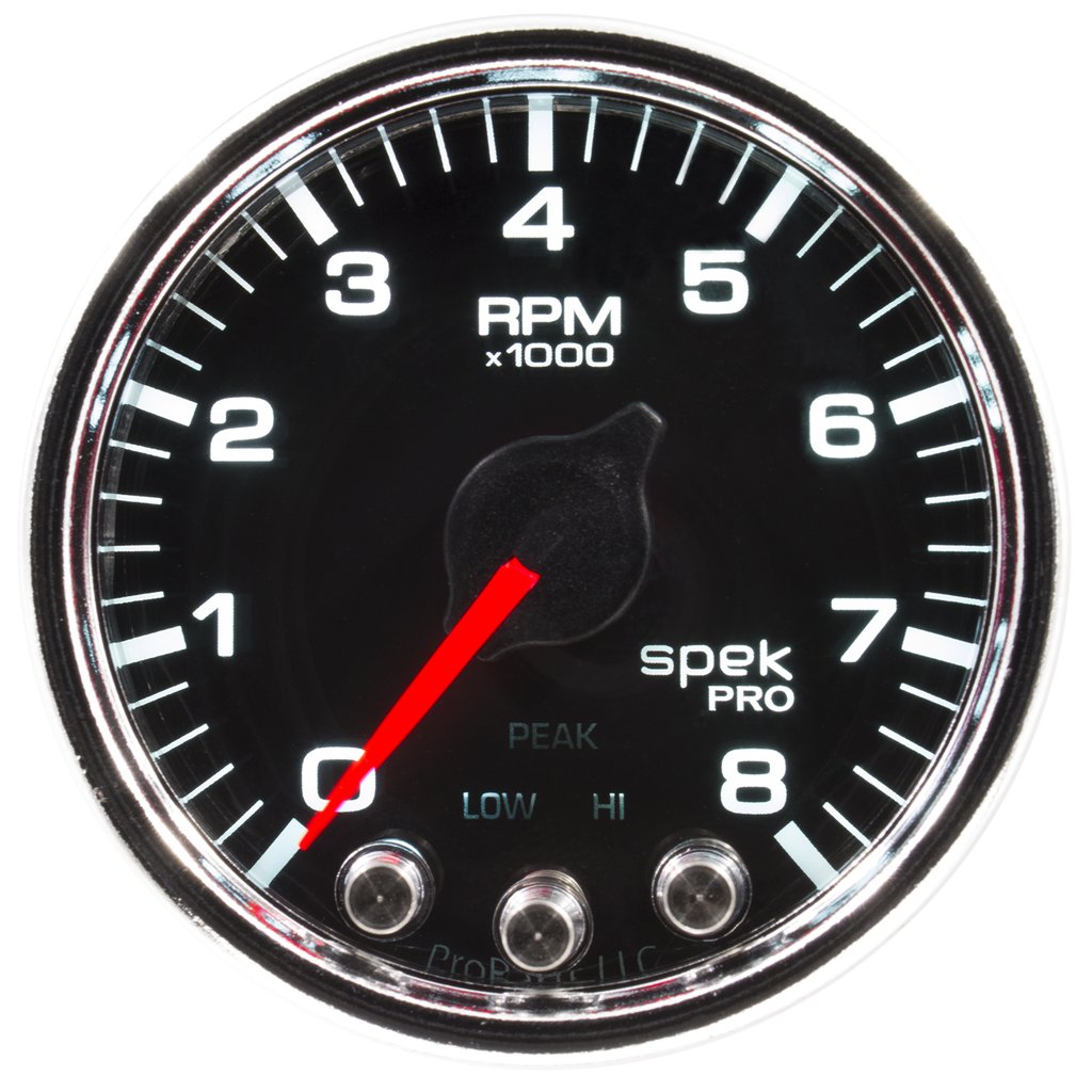 AutoMeter 2-1/16" IN-DASH TACHOMETER, 0-8,000 RPM, SPEK-PRO, BLACK DIAL, CHROME BEZEL, CLEAR LENS
