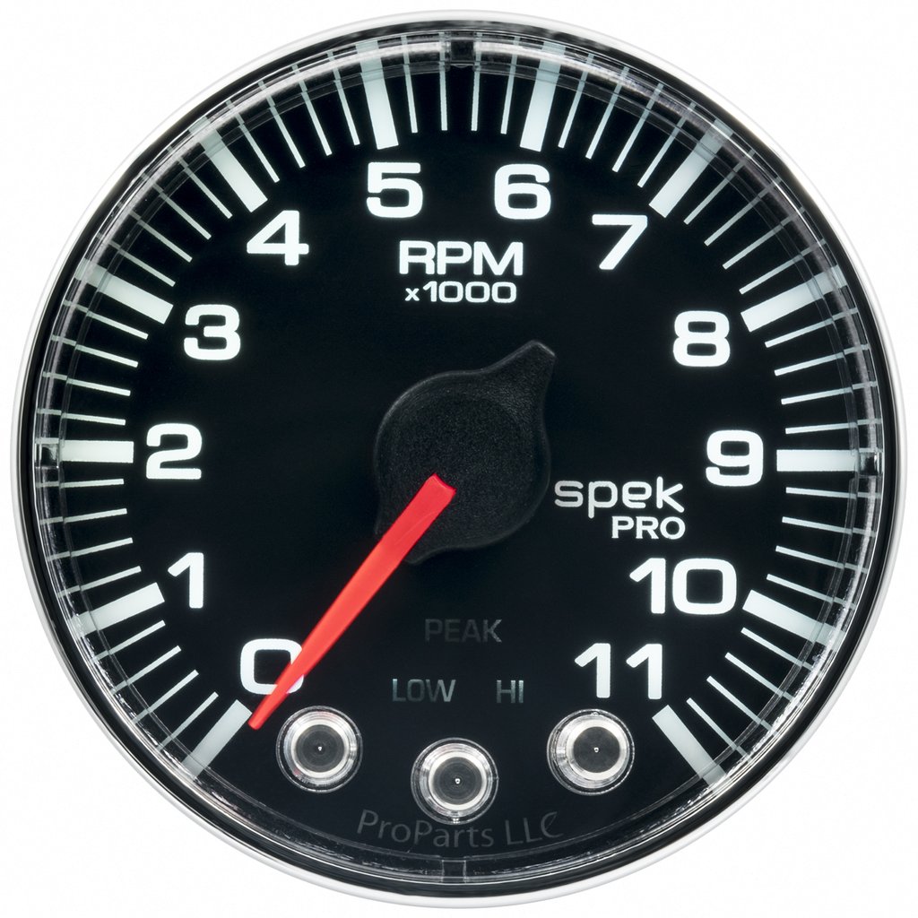 AutoMeter 2-1/16" IN-DASH TACHOMETER, 0-11,000 RPM, SPEK-PRO, BLACK DIAL, CHROME BEZEL, FLAT ANTIGLARE LENS