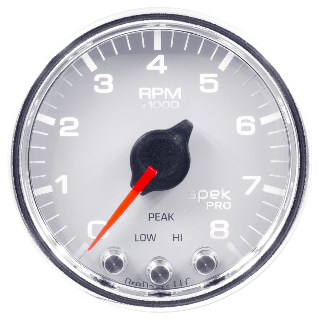 AutoMeter 2-1/16" IN-DASH TACHOMETER, 0-8,000 RPM, SPEK-PRO, WHITE DIAL, CHROME BEZEL, CLEAR LENS