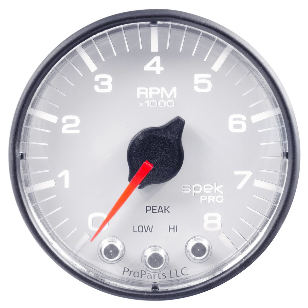 AutoMeter 2-1/16" IN-DASH TACHOMETER, 0-8,000 RPM, SPEK-PRO, WHITE DIAL, BLACK BEZEL, FLAT ANTIGLARE LENS