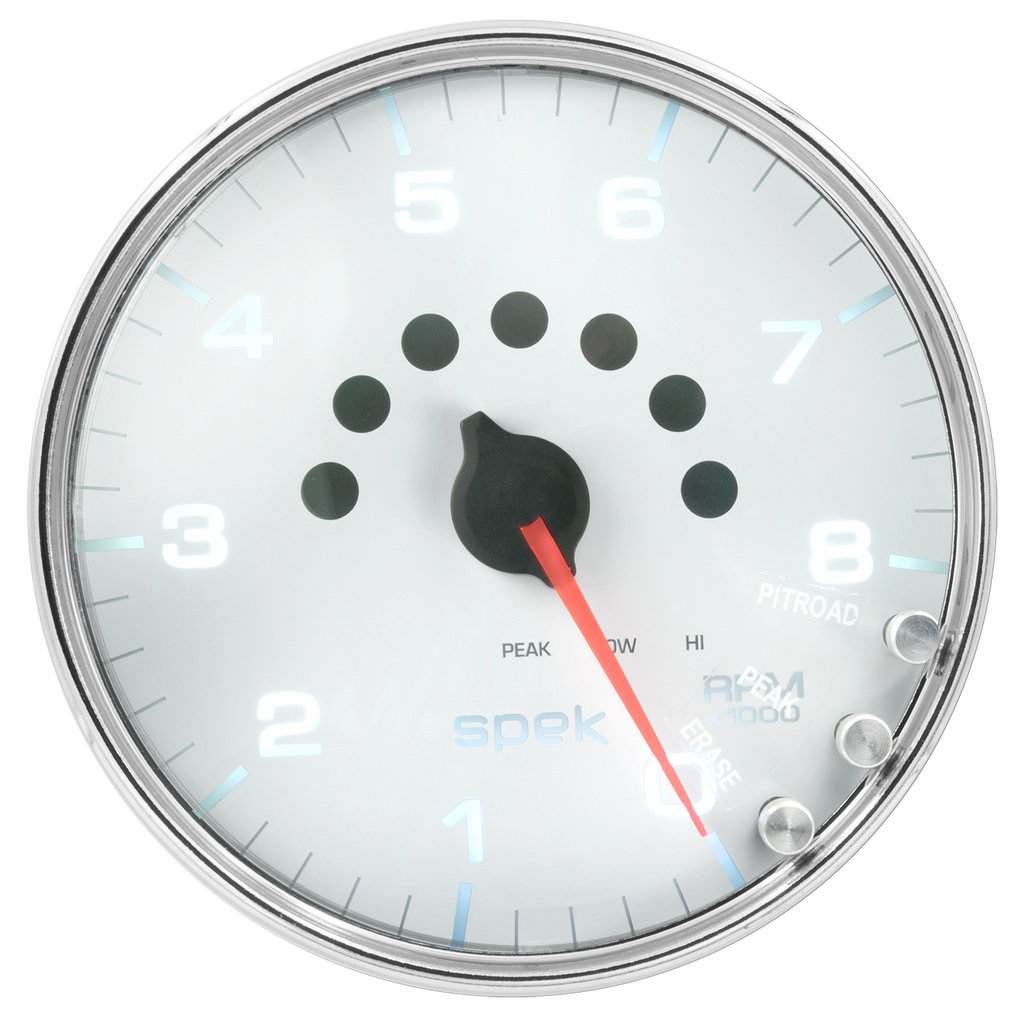 AutoMeter 5" IN-DASH TACHOMETER, 0-8,000 RPM, SPEK-PRO, WHITE DIAL, CHROME BEZEL, CLEAR LENS