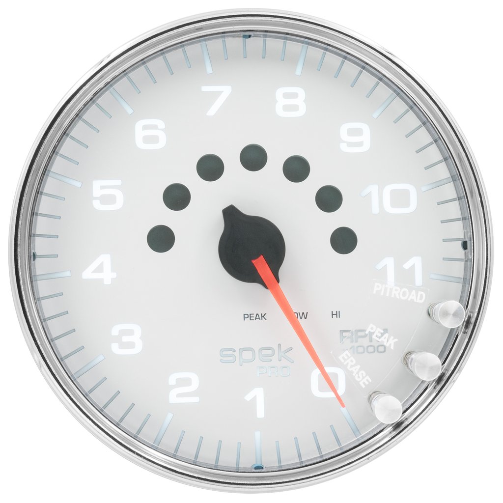AutoMeter 5" IN-DASH TACHOMETER, 0-11,000 RPM, SPEK-PRO, WHITE DIAL, CHROME BEZEL, CLEAR LENS