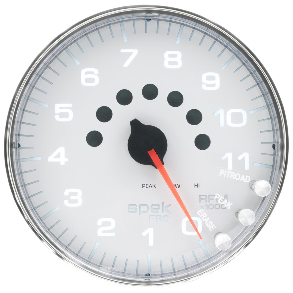 AutoMeter 5" IN-DASH TACHOMETER, 0-11,000 RPM, SPEK-PRO, WHITE DIAL, CHROME BEZEL, FLAT ANTIGLARE LENS